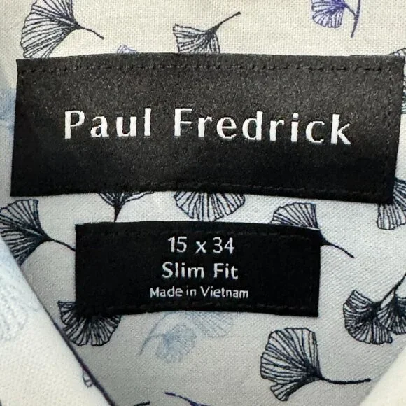 Paul Fredrick Slim Dress Shirt 15 White Blue Ginkgo Floral Flip Cuff Long Sleeve - Picture 4 of 10